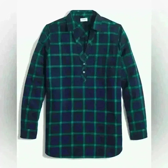 Flannel popover tunic black watch pattern button down blouse shirt - Picture 1 of 5